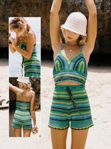 GLOWMODE X Nature Dream Bali Crocheted Chlorine-Resistant Lining Adjustable Drawstring Waist Shorts Daily Casual Summer Beach Vacation Holiday Wear - Green - View 6