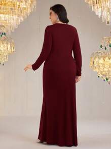Modelyn 女式加大码 V 领长袖水钻装饰褶饰优雅连衣裙 - 酒紅色 - 查看 2