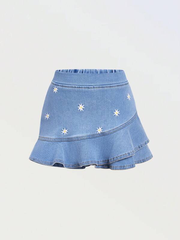Denimly Tween Girl Personalized Comfy Casual Holiday Fashion Cute Floral Embroidery Elastic Denim Skirt Shorts, Thin Summer
