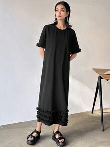 FRIFUL Mid-Length Layered Ruffle Patchwork Dress For Women Sundress - Black - View 6