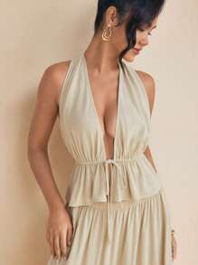 Nektaria Designer Spring Summer Linen Halter Ruched Neck Drawstring Elastic Waist Backless Casual Women Top Vacation Top Beach Summer Top Vacation Backless Linen Top - Khaki - View 5