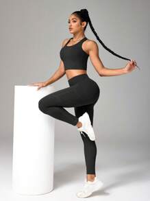 Eassivo Eassivo Bộ đồ tập luyện thể thao và quần legging chéo lưng màu trơn cho nữ - màu đen - Xem 5