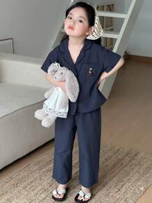 DAZY Young Girl Plaid Short Sleeve Pants Pajamas Set, Spring/Summer - Navy Blue - View 6