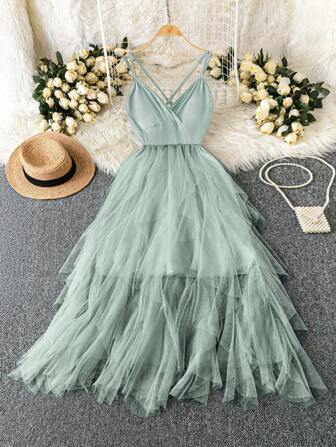 Rometta Romantic Date  Plus Size Women Elegant Deep V-Neck High Waist Long Dress, Mesh Patchwork Knitted Camisole Dress For Party