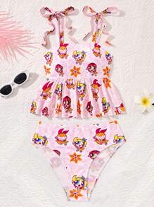 THE POWERPUFF GIRLS X SHEIN Women's Casual Summer Vacation Cute Cartoon Print Ruffle Trim Tankini Set,Swimming Costume Women