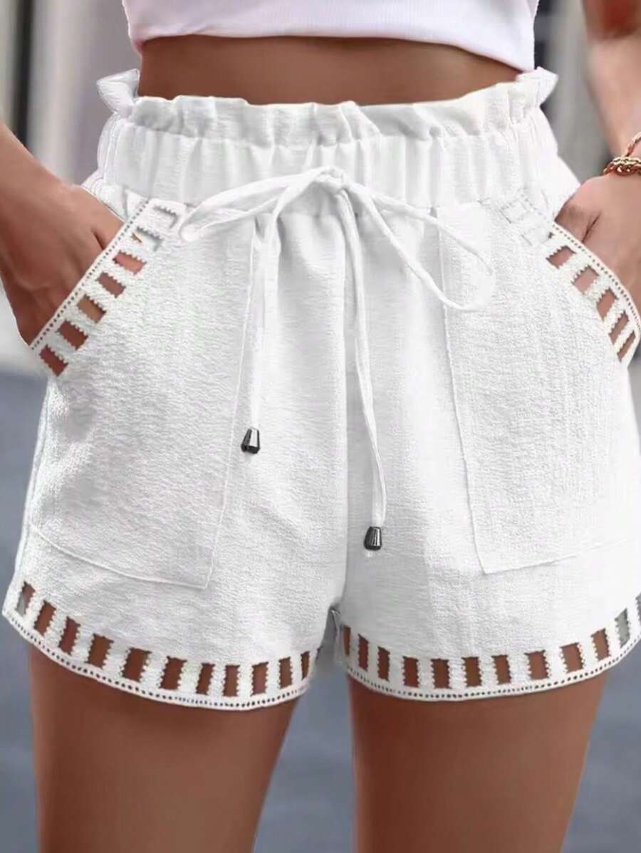 Women's Solid Color Ruffle Trim Waist Tie Pocket Casual Shorts