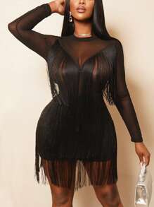 BamGleam 女士时尚性感黑色圆领透视网眼长袖流苏连衣裙，适合拉丁舞裙、舞会、派对、聚会