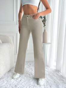 EURMUSE Casual Solid Flare Leg Jeans - Beige - View 4