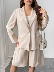 SHEIN Unity Plus Size Women French Chic Elegant Office Casual Vacation Comfortable Solid Blazer + Elastic Waist Relaxed Fit Shorts Casual Suit - Apricot - View 1