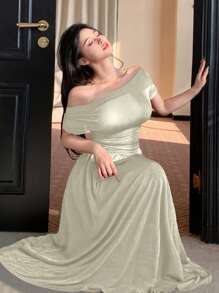 DAZY 2pcs Women Asymmetrical Neck Top And Wide Leg Pants Set - Apricot - View 3