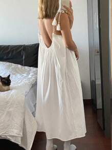 DAZY 女士加大码宽松纯色无袖吊带睡裙，舒适长款睡袍，返校睡衣，Moo Moo - 白色 - 查看 3