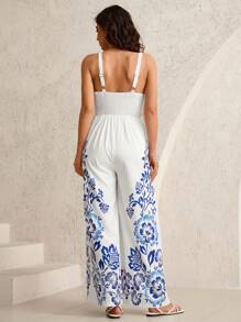 SHEIN Bộ đồ liền thân in họa tiết công sở/văn phòng - Xanh và trắng - Xem 2