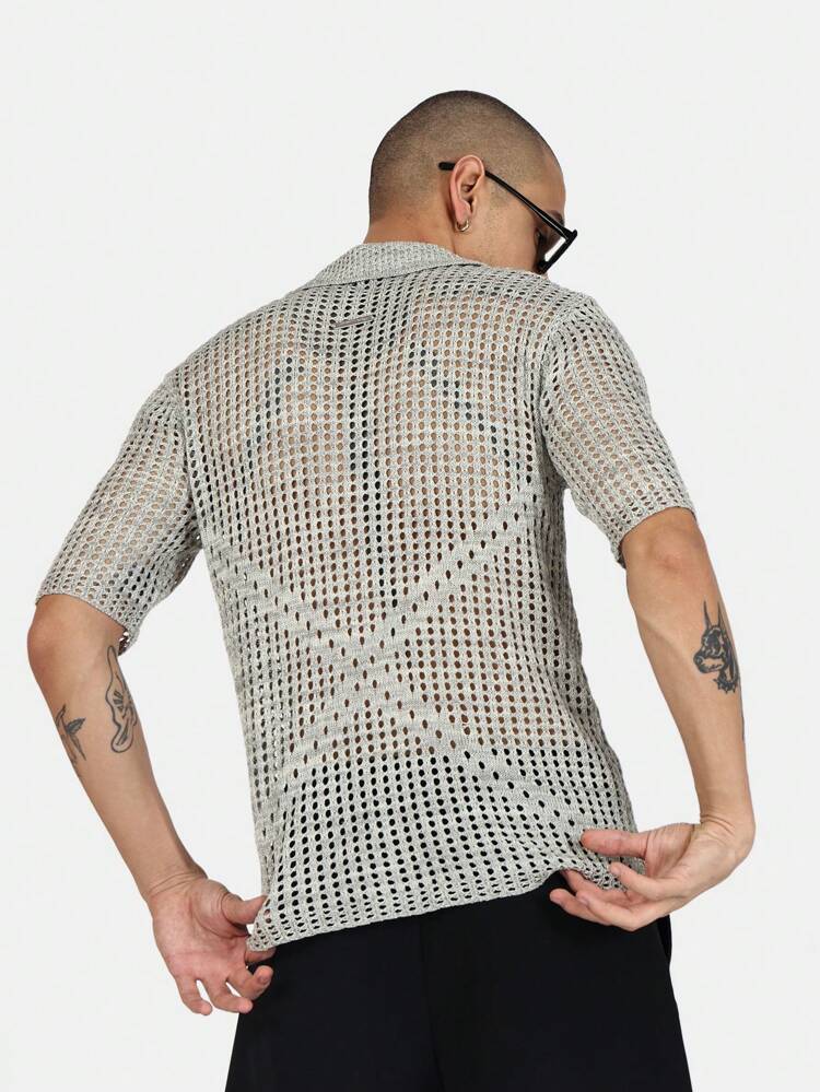 Crochet Knit Button Down Polo Shirt