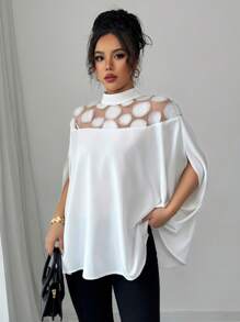 Elenzga Blouse femme mode décontracté à encolure montante, maille et motif splice, avec fente aux manches. Convient pour le printemps, l'été et l'automne