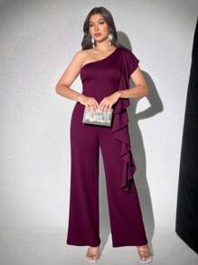 SHEIN Unity Plus Size Women Elegant Solid Color One Shoulder Ruffle Waist Jumpsuit - Burgundy - View 5
