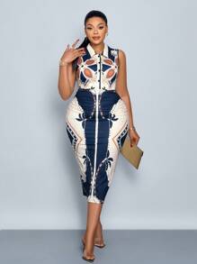 SOLERSUN Đầm Maxi Không Tay In Hình Bodycon Phối Nút Phía Trước Thời Trang Cho Nữ Cỡ Lớn Đi Nghỉ Mát - Màu xanh lam - Xem 1