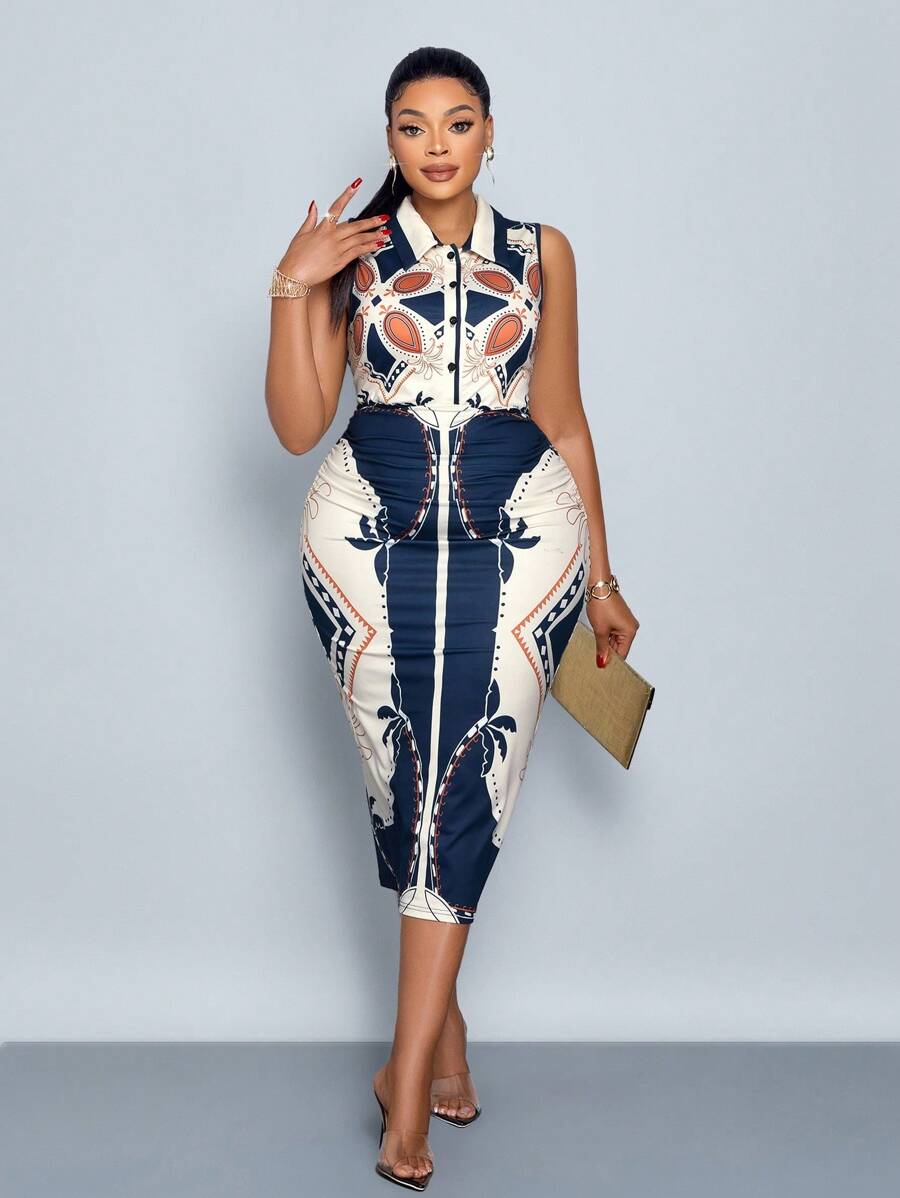 SOLERSUN Đầm Maxi Không Tay In Hình Bodycon Phối Nút Phía Trước Thời Trang Cho Nữ Cỡ Lớn Đi Nghỉ Mát - Màu xanh lam - Xem 1