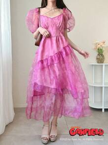 Garfield X FRIFUL Women's Collaboration Full Print Sweet Puff Midi Dress Ladies Summer Dress - Pink - View 1