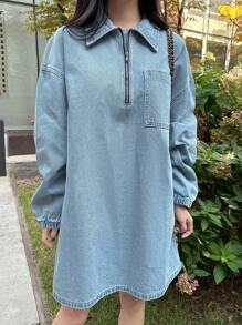 DAZY 女士落肩长袖拉链半开襟宽松直筒牛仔连衣裙