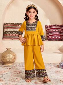 SHEIN DRMZ Young Girl 2pcs Woven Casual Shirt And Loose Casual Pants Set, Patchwork Long Sleeve Set. The Set Features A Totem Print With Cultural Characteristics, Presenting A Unique That Will Attract Little Girls. The Use Of Fabric Patchwork Adds Visual Depth And A Different Texture, Making The Set More Diverse. Suitable For Girls To Wear Daily, Festivals, Family Gatherings, And Special Occasions, Ramadan Decoration, Ramadhan