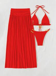 Swim SXY 3 件套金属面料纯色三角吊带性感优雅比基尼套装，配有不对称金属环和长网眼沙滩裙，适合度假