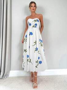 Firerie Váy midi không tay họa tiết hoa hồng chữ A thanh lịch dành cho nữ có túi, mùa hè - Xanh và trắng - Xem 3