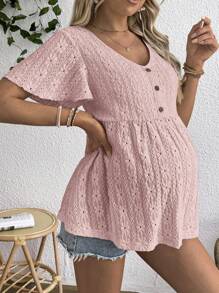 SHEIN V-Neck Button Decor Jacquard Knitted Maternity T-Shirt - Pink - View 7