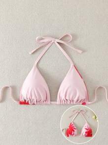 Swim Mod Plus Size Women's Floral Print Triangular Bikini Top, Elegant & Fresh, Suitable For Beach & Vacation For Summer