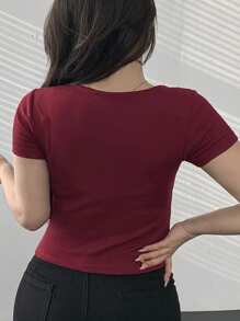 Dazy Plus Blusa de talla grande con encaje contrastante y manga corta ajustada, top rojo primavera/verano, blusas lindas