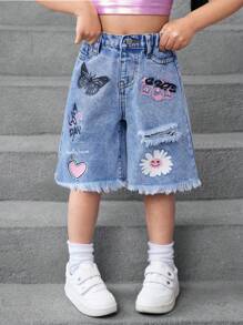 SHEIN Young Girl Y2K Blue Denim Shorts With Butterfly, Flower And Heart Graphic,Kid Girls Spring And Summer Casual Vacation Country Boho Wear - Light Wash - View 3