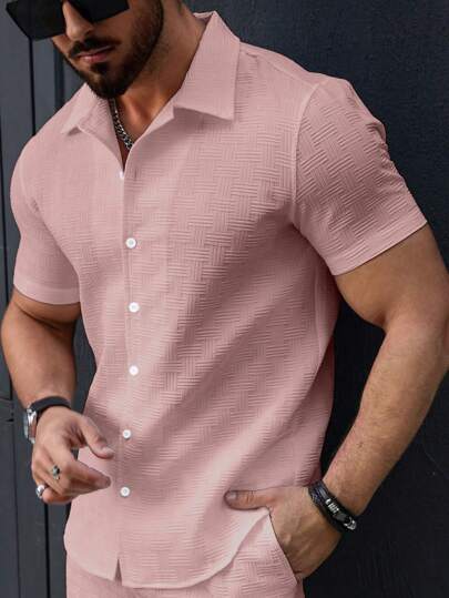 Manfinity Homme Men Textured Button-Front Short-Sleeve Casual Shirt For Summer, Pink Shirt For Men, Baby Pink Shirt For Men, Men Short Sleeve Dress Shirt, Nude Shirt For Men
