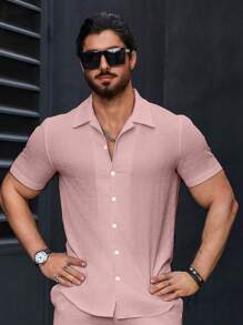 Manfinity Homme Camisa casual de manga corta con botones y textura para hombre para verano