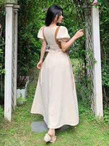 Feyla Robe à manches ballons, col carré, patchwork en dentelle, fleurs sur le côté de la taille avec nœud pour femmes - Nude - Voir 7