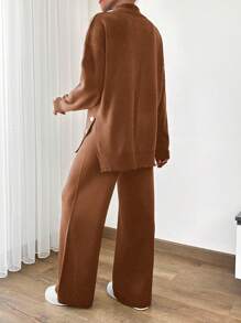 EURMUSE Women Asymmetrical And Button Detailed Hem High Neck Sweater And Sweater Pant Two Piece Outfits Co-Ords - Chocolate Brown - View 3