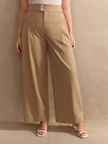 Anewsta Elegant High Waist Draping Straight Leg Pants, Woman Business Casual Trousers - Khaki - View 6