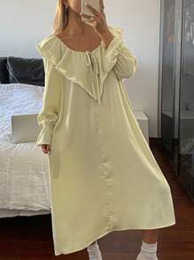 DAZY Oversized Ruffled Collar Bow Front Long Sleeve Minimalist Casual Nightdress Pajama - Yellow - View 3