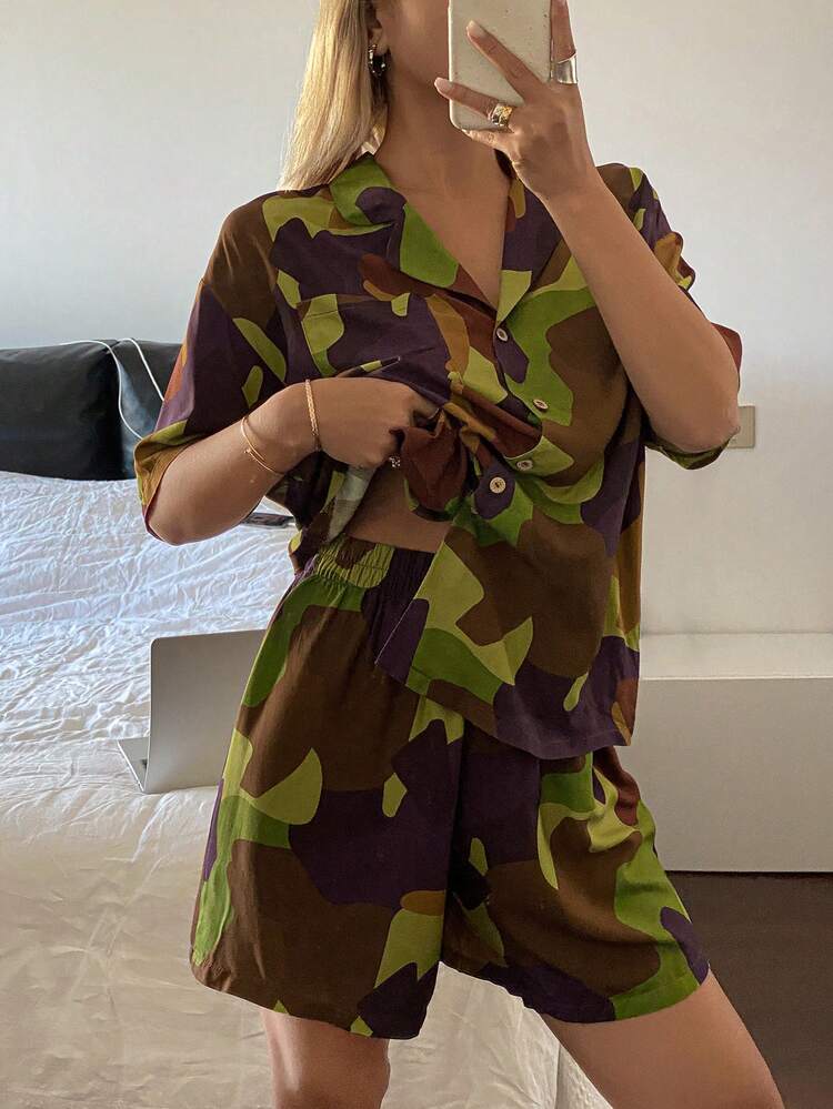 Women's Loose Camouflage Allover Print Pajama Set, Summer