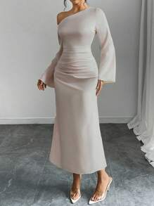 Rafferiza Vestido de mujer de unicolor con pliegues asimétricos en la cintura, de tela de tafetán, vestido largo para mujer