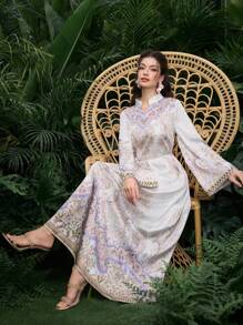 Al Najma Vestido con estampado floral elegante, manga campana, estilo árabe para mujeres - Multicolor - Ver 6