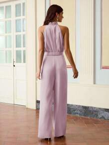 ZEYLAH Macaquinho Elegante de Cor Sólida com Babado no Halter e Cintura Elástica para Encontros - Rosa chiclete - Visão 3