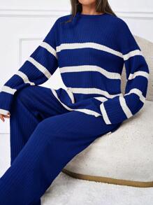 SHEIN Tall Set de două piese pulover în dungi pentru damă - Albastru marin - Vizualizare 4