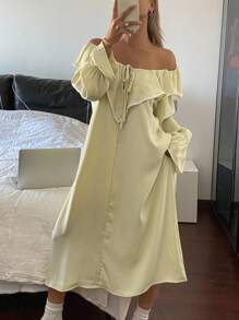 DAZY Oversized Ruffled Collar Bow Front Long Sleeve Minimalist Casual Nightdress Pajama - Yellow - View 6