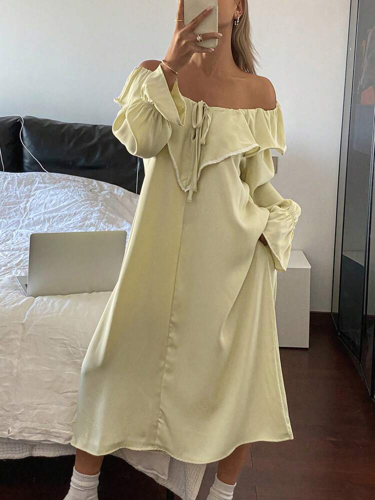 Oversized Ruffled Collar Bow Front Long Sleeve Minimalist Casual Nightdress Pajama