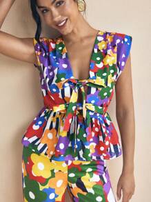 SHAQUITA GARCIA Designer Fun Playful Floral Print Elegant Tied Front Sleeveless Ruffle Hem Shirt Ruffle Tops For Summer Vacation - Multicolor - View 6