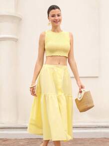 Aveloria Rosie Set de 2 piese, elegant, simplu, franțuzesc, pentru vacanță, artizanal, croit, fără mâneci, cu fustă în linie A cu talie înaltă și volane, galben, pentru femei, stil boho de plajă, la modă, pentru vară - Galben - Vizualizare 3