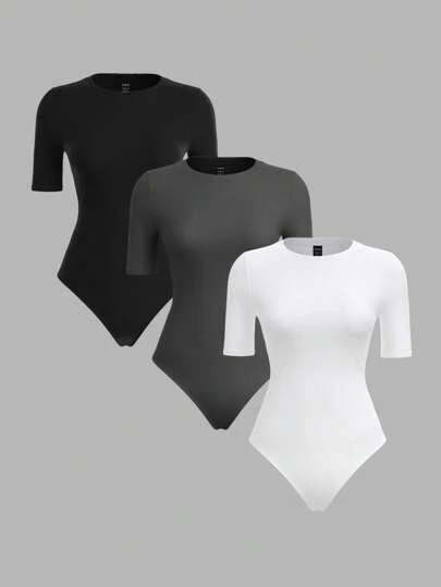 SHEIN BASICS Set de 3 piezas de body de punto ajustado de manga corta y cuello redondo de color liso casual para mujer
