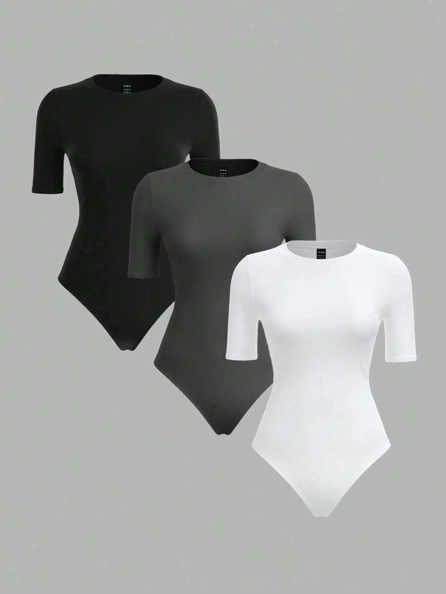 SHEIN BASICS 3件組休閒素色針織圓領短袖貼身連身衣 女款夏季服飾 - 灰色 - 查看 1