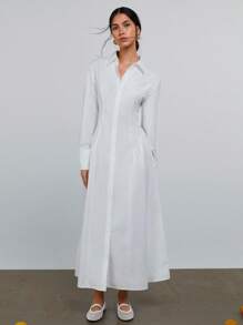 Athîral 女式纯色单排扣长袖休闲衬衫裙 - 白色 - 查看 6