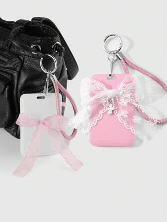 Kawaii 2 pièces ensemble cadeau de porte-carte d'identité transparent avec nœud en dentelle de haute qualité et polyvalent, idéal pour les travailleurs de bureau, étudiants, usage quotidien et festivals