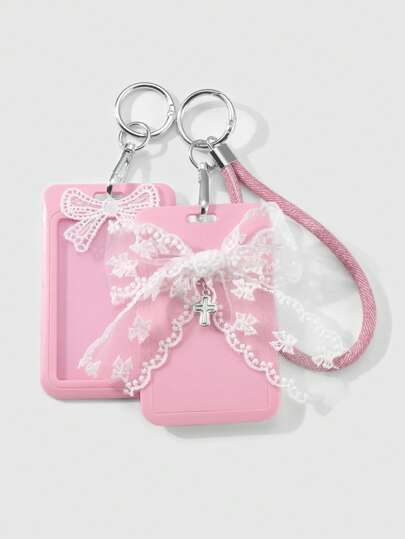 Kawaii 2 pièces ensemble cadeau de porte-carte d'identité transparent avec nœud en dentelle de haute qualité et polyvalent, idéal pour les travailleurs de bureau, étudiants, usage quotidien et festivals